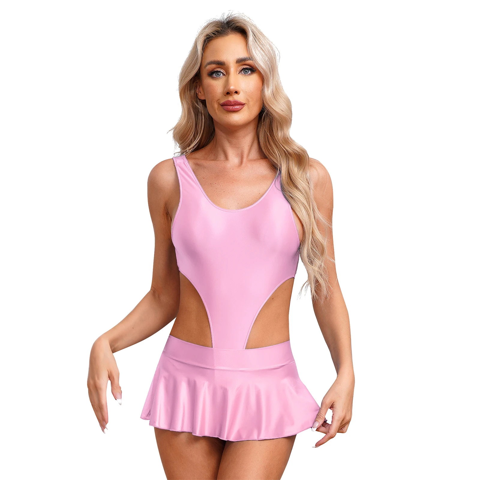 Womens Two-Piece Swimsuit Swimwear Pool Party Beachwear Glossy Backless High Cut Bodysuit with Ruffled Skirt Miniskirt