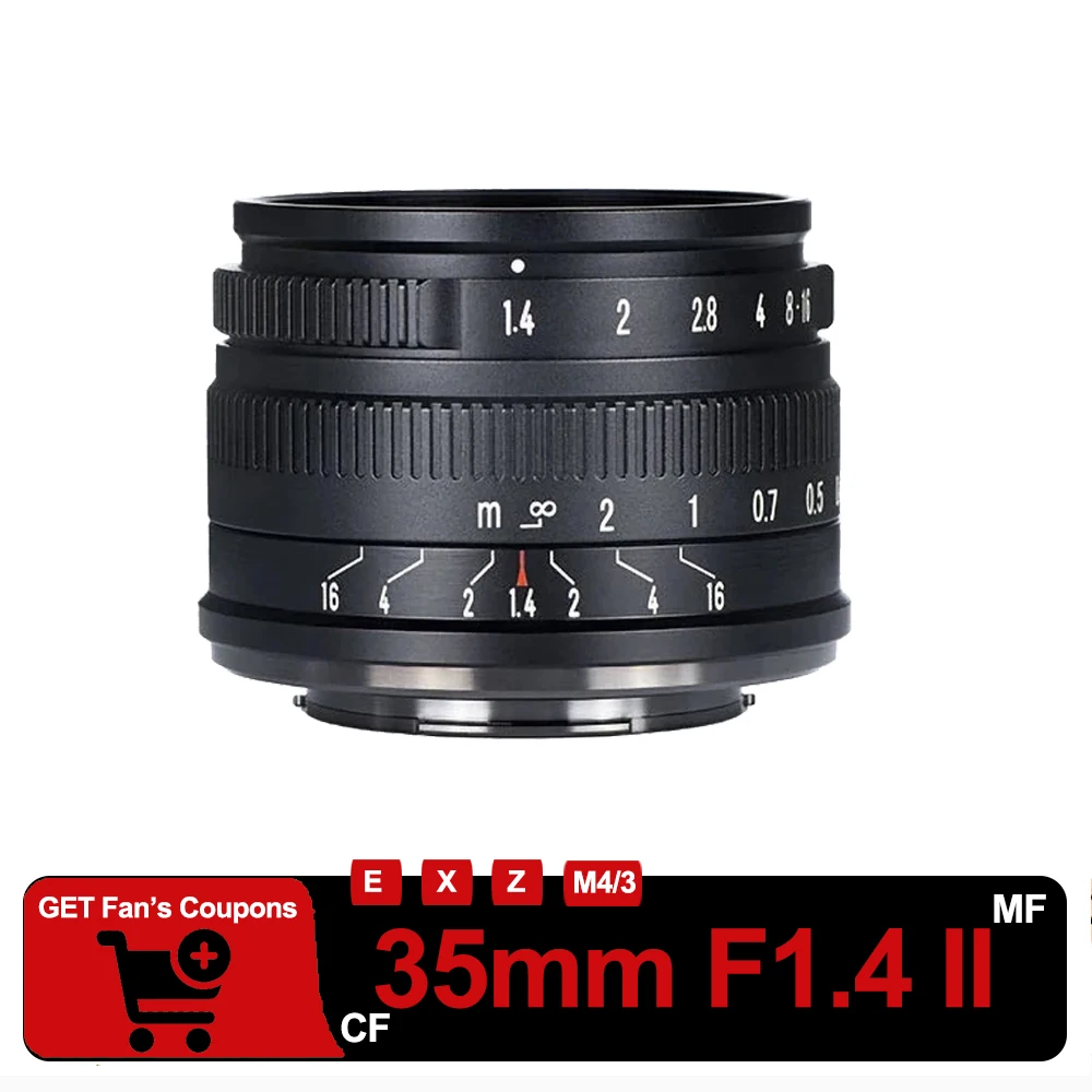 7Artisans APS-C 35mm F1.4 Mark II groothoeklens met groot diafragma, geschikt voor Sony E, Nikon Z, Fuji FX en M43-bajonet.