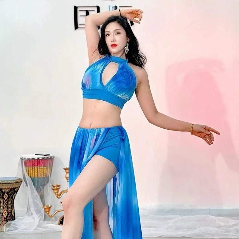 Trajes de dança do ventre personalizados, roupa de prática, conjunto de saia gradiente rosa sonhadora, traje de dança oriental, conjunto de performance