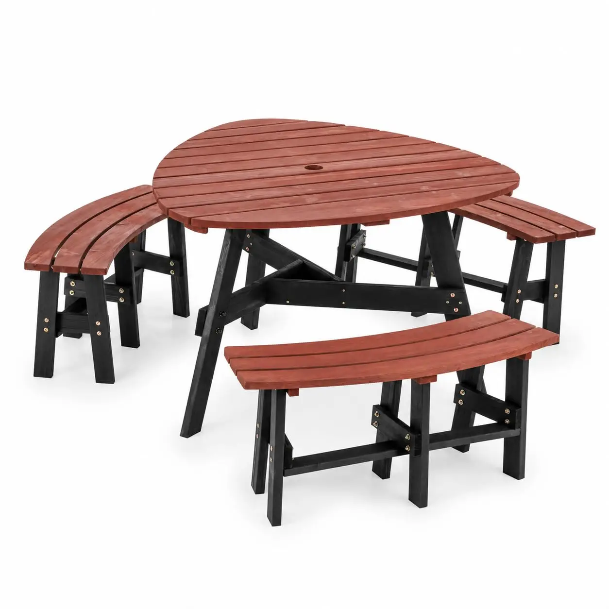 6-Person Round-Style Outdoor Picnic Table with Umbrella Hole, Curved-Edge Patio Dining Table with 3 Attached, Customized