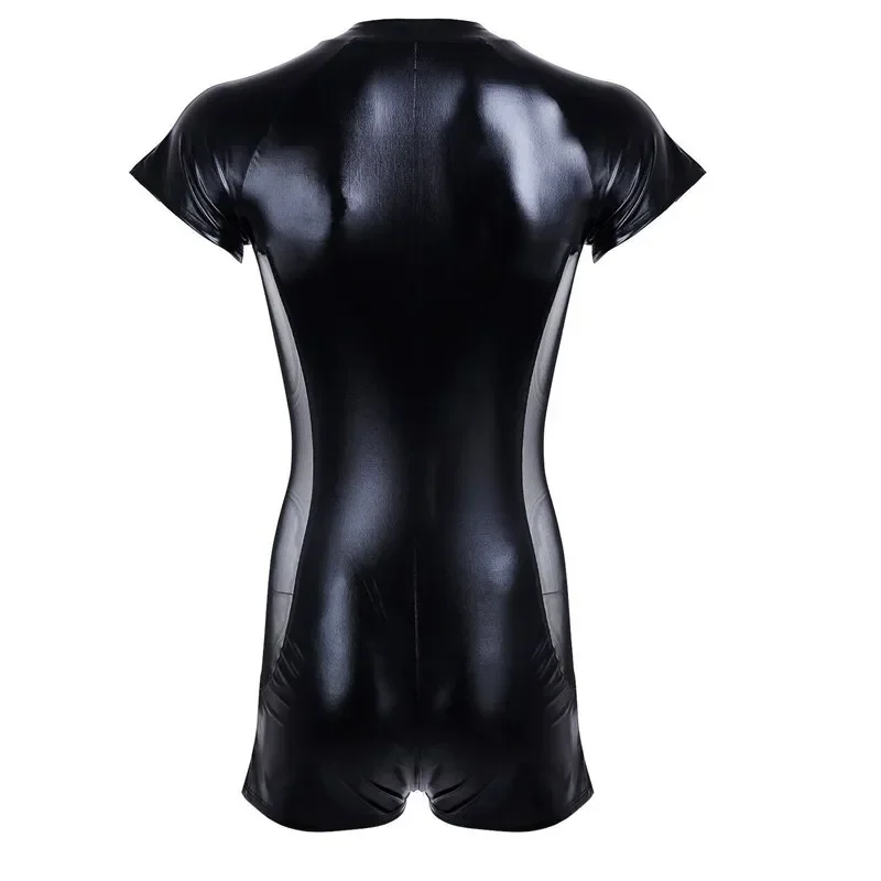 رجل شبكة سوداء براءات الاختراع والجلود سستة ارتداءها مثير قصيرة الأكمام مفتوحة المنشعب الجلد ضيق Catsuit الذكور كلوبوير زي زائد S MN1