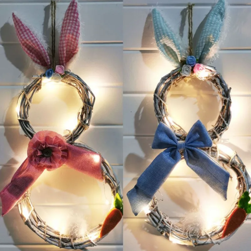 Rabbit Garland Easter Rattan Ring With Lights Rabbit Ears Rattan Circle Wreath Ornaments Front Door Wall Decor Luminous Pendant