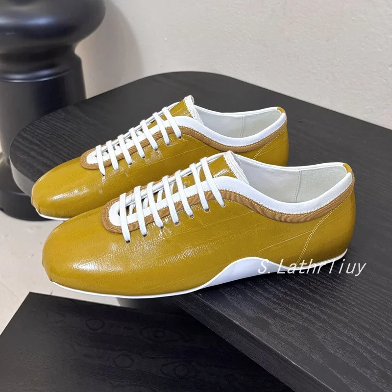 New Flat Shoes Women's Genuine Leather Color Blocked Lace Up Round Toe Sneakers Spring Autumn Versatile Casual Single Shoes