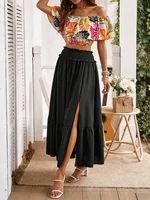 Falda larga dividida negra de estilo europeo y americano, falda de cintura alta con cintura elástica, versátil para vacaciones y oficina