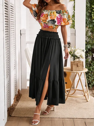 Falda larga dividida negra de estilo europeo y americano, falda de cintura alta con cintura elástica, versátil para vacaciones y oficina