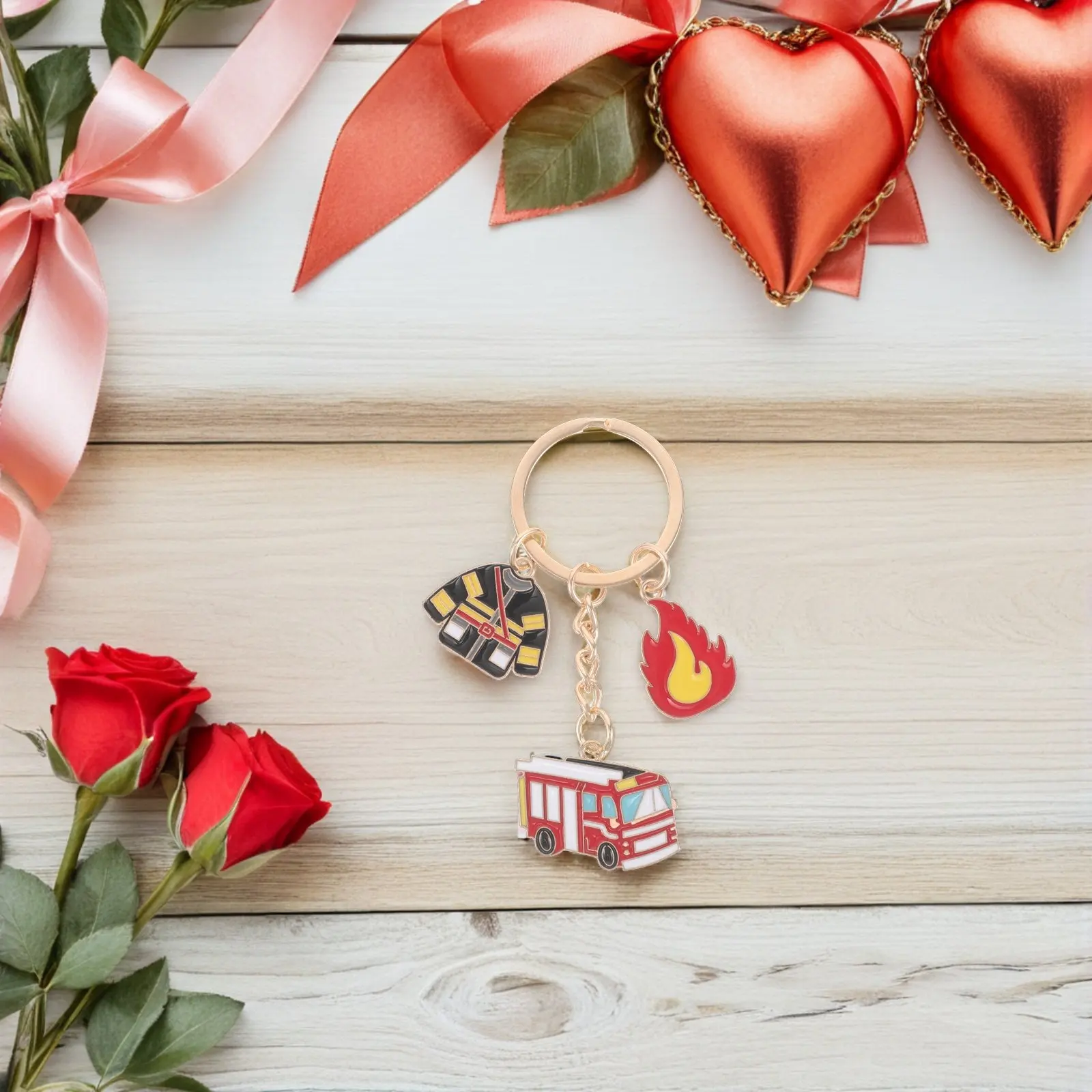 4Pcs Firefighting Theme Keyring Fire Truck Fireman Identity Keychain for Daily Use Schoolbag Decoration Fire Safety Keychain