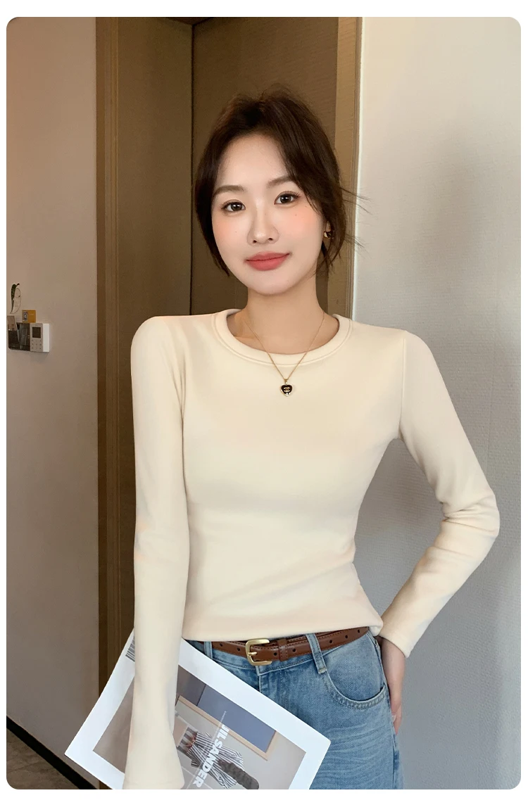 

Women's Crew Neck Long Sleeve Base Layer Top Autumn Winter Fleece-Lined Thick Warmness Slim-Fit Versatile T-Shirt Blouse