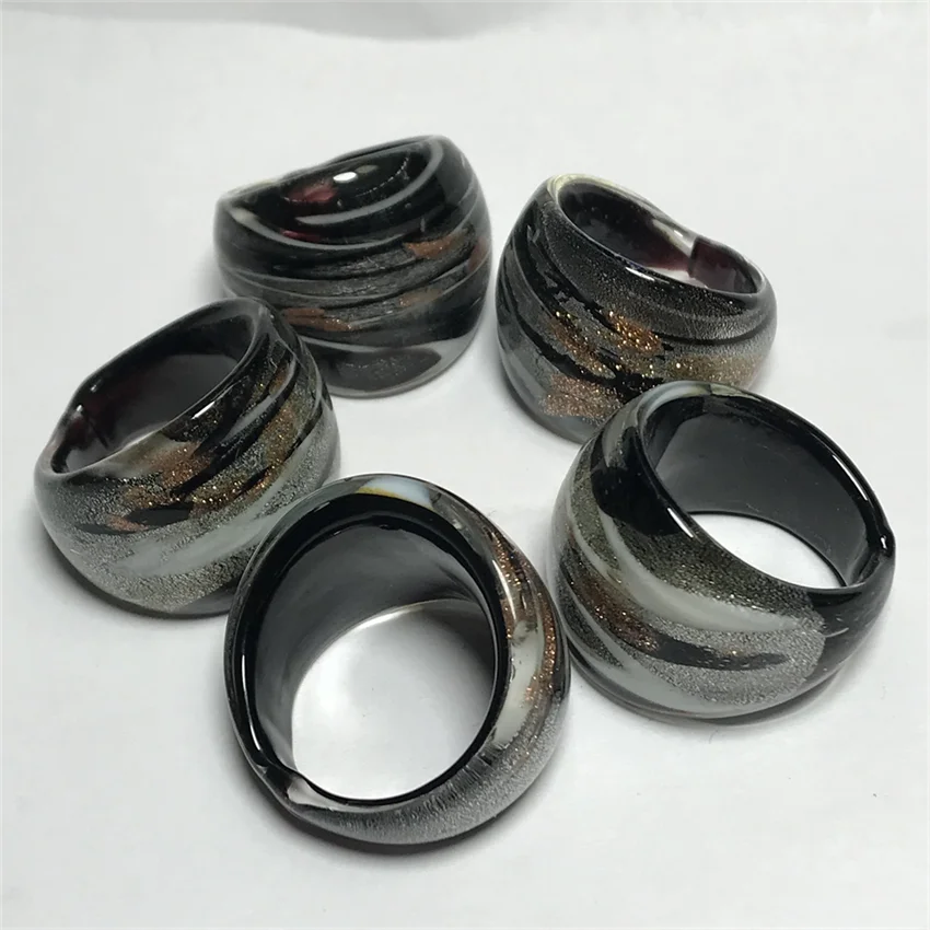 New Handmade For Women Retro Style Murano Glass Liuli White Lines Black Rings Fashion Jewelry