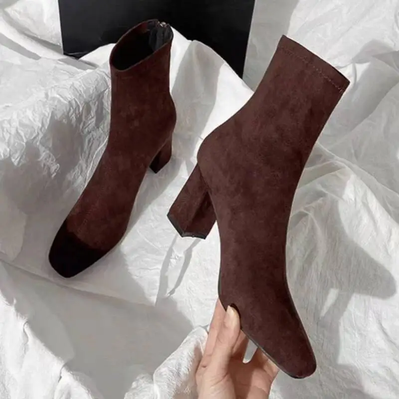 Ankle Boots for Women Suede High Heels Shoes Elegant Chunky Fashion Boots Winter New Trend Square Toe Pumps Mujer Botas