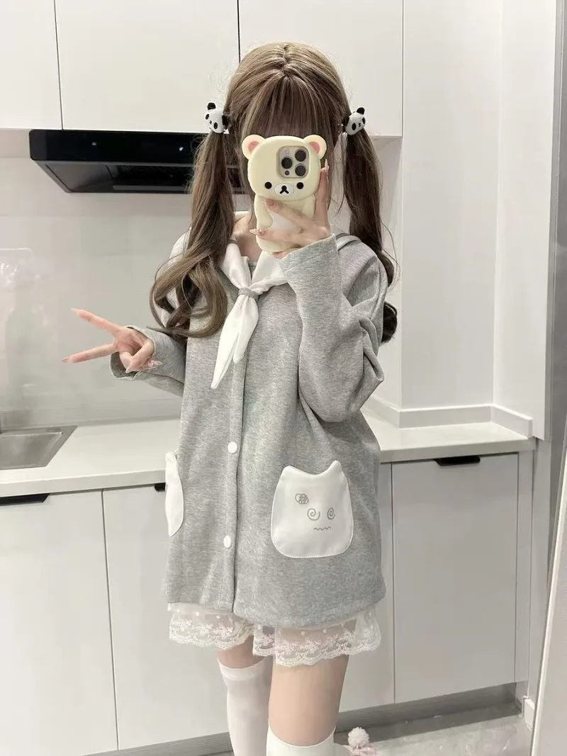 Kawaii Rabbit Long Ears Sailor Collar Hoodies Japanese Lolita Style Cute Women Bowknot Sweatshirts Oversized Loose Pullovers Top