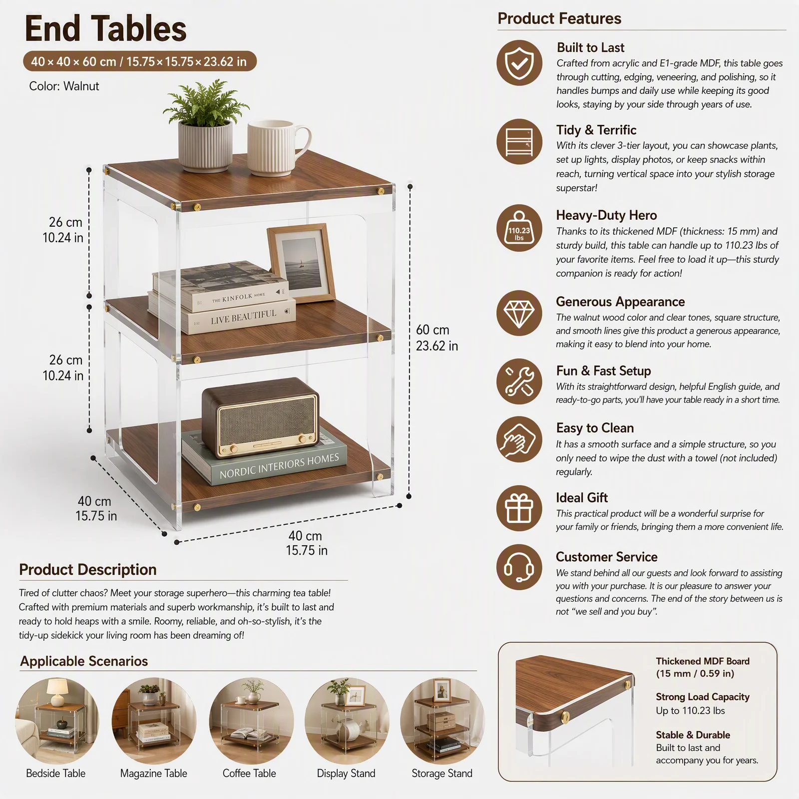 Bedside Table 3-Tier Side Table with 110.23lbs Load Capacity, Acrylic & E1 MDF Coffee Table, Modern Square Storage Rack in Walnut Wood Color for Living Room Bedroom Balcony