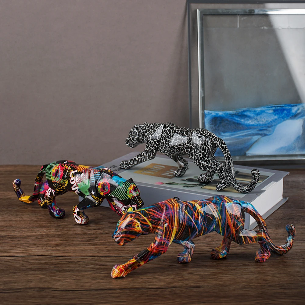 Water Transfer Graffiti Leopard Figurine Desktop Resin Living Room Home Decor Live Streaming Background Prop Animal Ornament