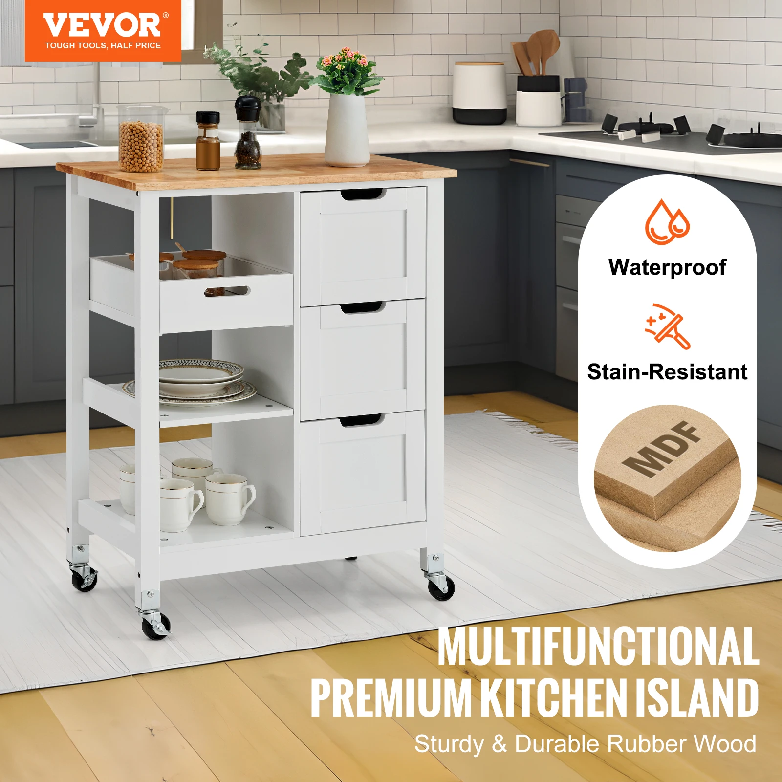 VEVOR Kitchen Island Cart Wood Top Mobile Breakfast Bar Rolling Kitchen Table with Drawers and Shelves Portable Island on Wheels