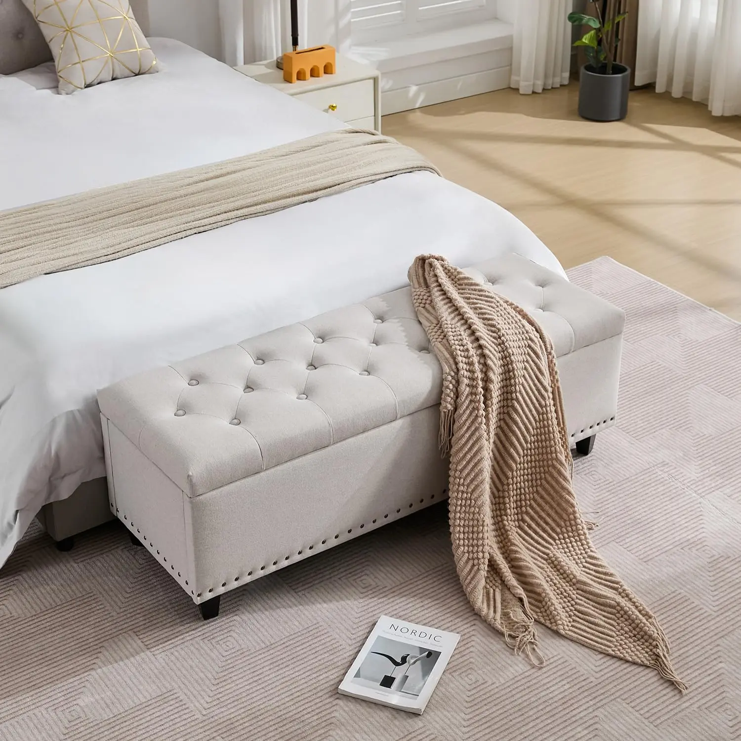 Large Tufted Storage Ottoman Bench Bedroom Entryway, Rectangle Foot Stool Safety Hinge & Wood Legs, 660lb, Beige, Customized
