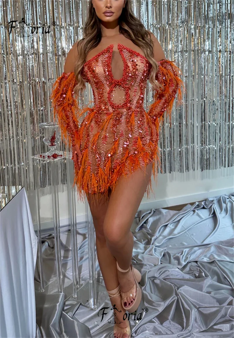 

Новейшее коктейльное платье с оранжевым жемчугом и перьями, иллюзия из бисера, короткие платья с длинными рукавами для дня рождения, гала-вечеринки, мини-платья по индивидуальному заказу 2025