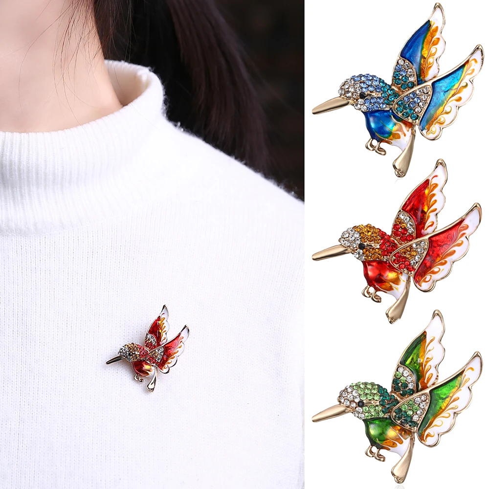 Elegant Colorful Enamel Hummingbird Brooches For Women Unique Personality Animal Inlaid Rhinestone Colibri Brooch Pins Jewelry