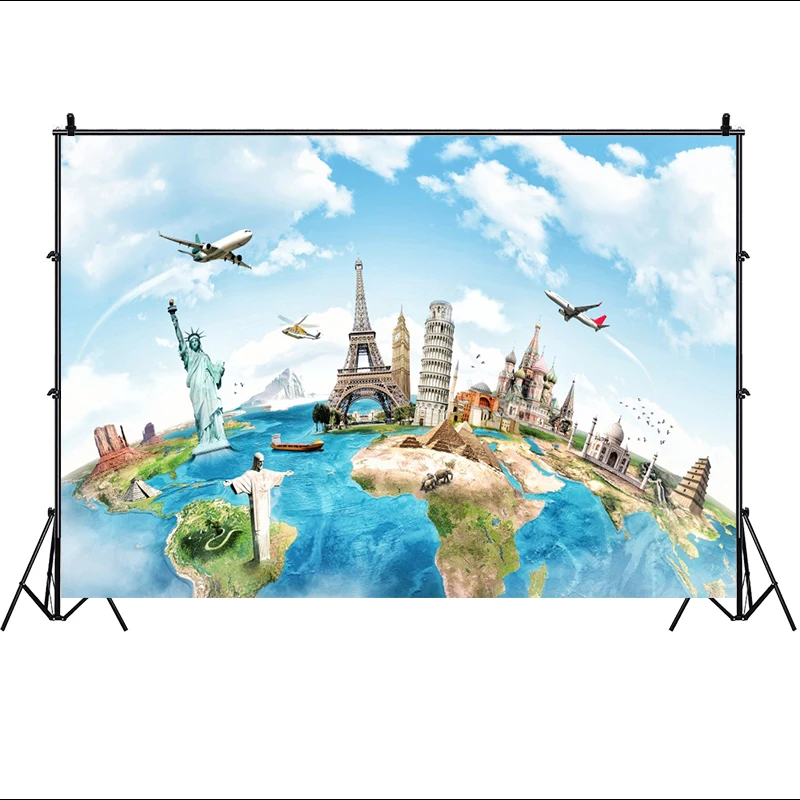 Travel Adventure Cake Smash Backdrop Global Travel World Map Photography Background World Landmark on Earth Photo Banner Decor