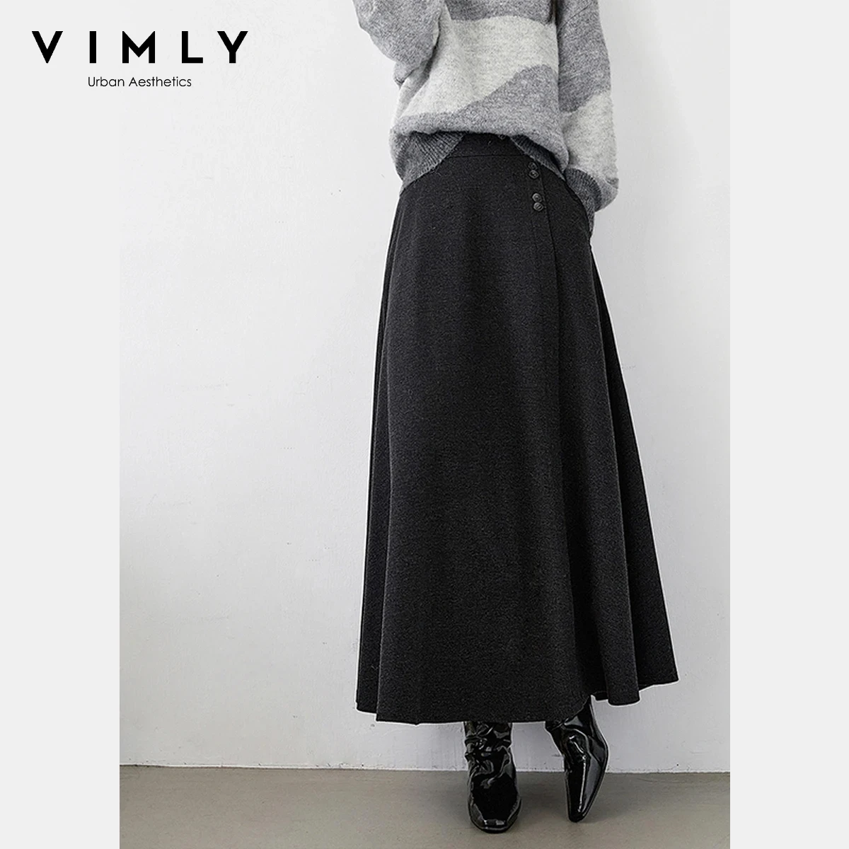 

VIMLY Long Skirts Woman 2025 Winter Casual High Waist A-Line Button Female Skirt Asymmetric Droopy Thick Ladies Skirts M9371