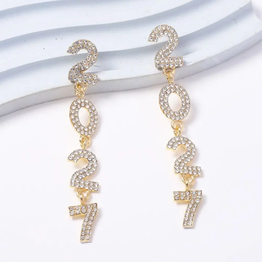Fashion Pearl 2027 Digital Earrings Zircon Shiny Happy New Year Earrings Colorful Long Drop Christmas Stud Earrings Daily