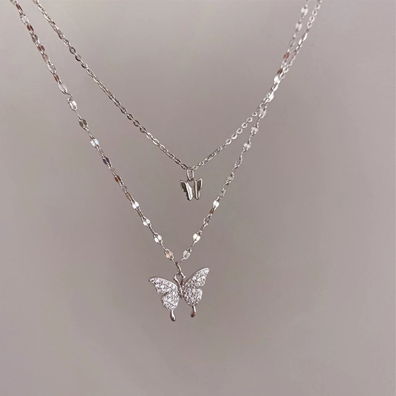 Lats New Shiny Butterfly Necklace Exquisite Double Layer Clavicle Chain Jewelry For Ladies Gift