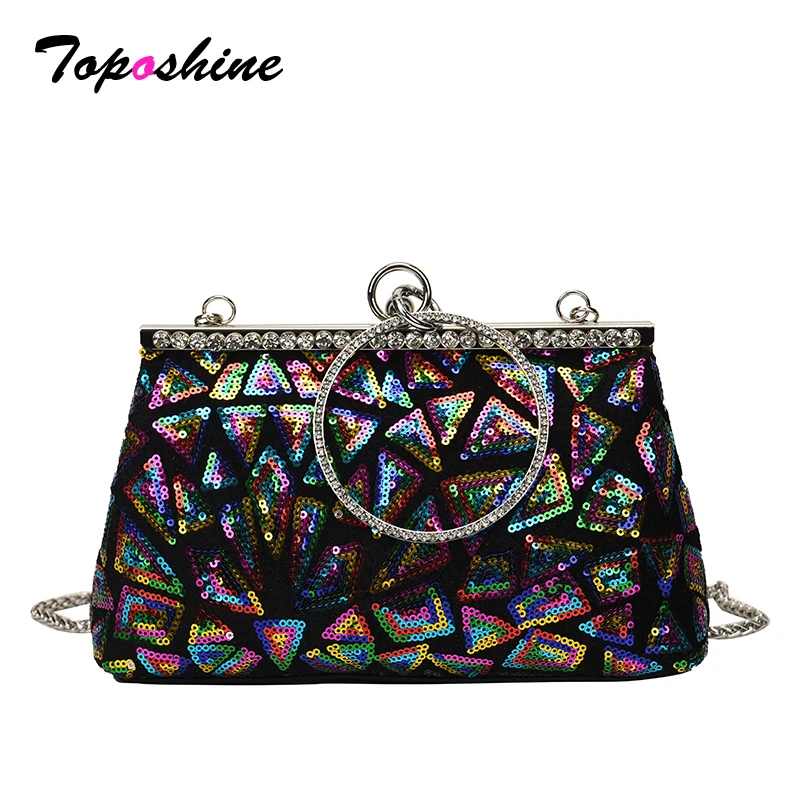 

Toposhine Multicolor Sequin Evening Clutch Bag Women Rhinestone Ring Handle Chain Crossbody Purse for Wedding Party Prom Luxury