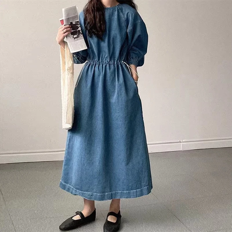 Johnature Korean Vintage Denim Dresses 2024 Autumn Winter New O-neck Full Sleeve Casual Loose Pockets Elastic Waist Women Dress