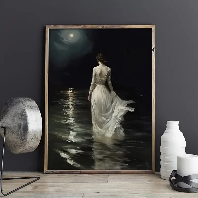 Modern Moonlight Enters The Black Water Wall Art Poster White Dress Goddess Canvas Prints for Living Room Bedroom & Home Decor