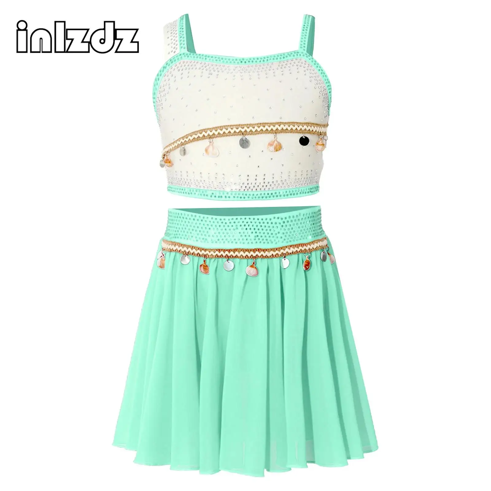 

Stage Indian Belly Dance Set Girls Arabian Princess Costume Asymmetrical Ballet Crop Top with Skirt Modern Lyrical Dancewear