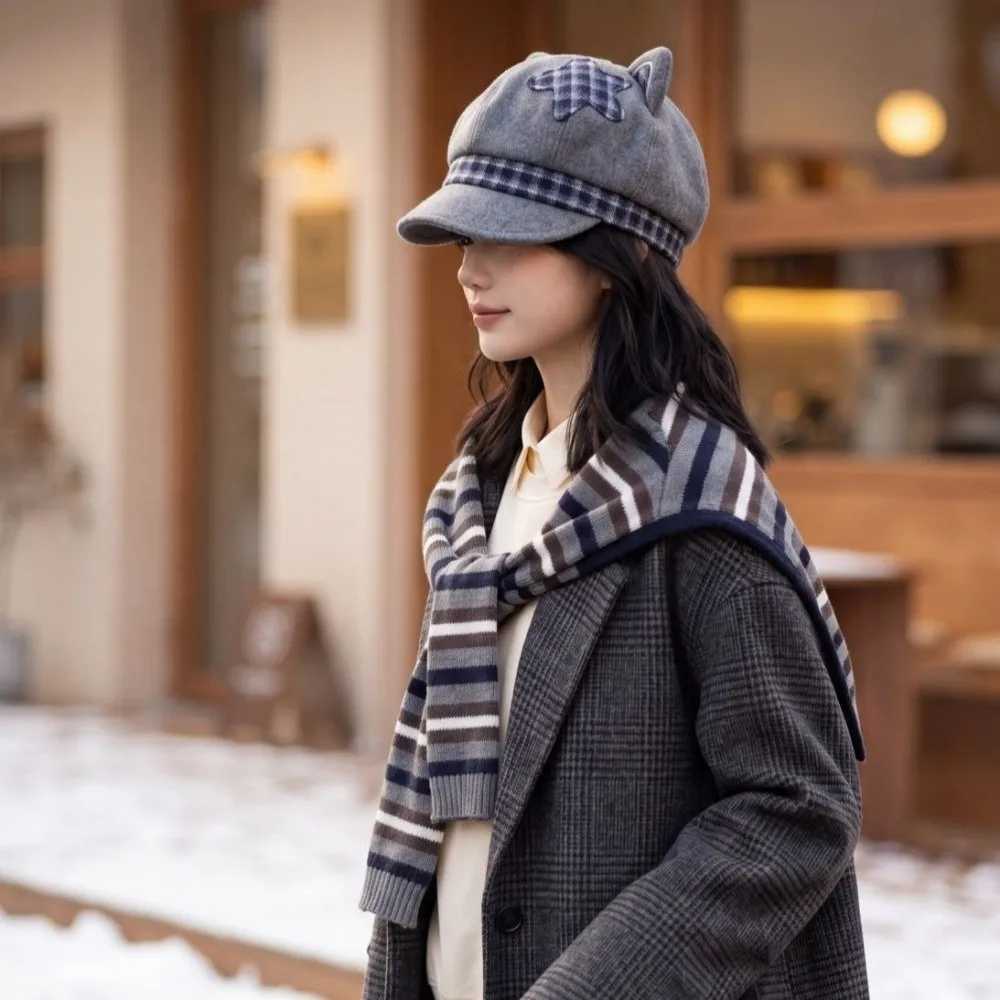 Cat Paw Pattern Cat Ears Beret Cap Japanese Style Autumn and Winter Women Octagonal Hat Peaked Y2k Streetwear Newsboy Hat