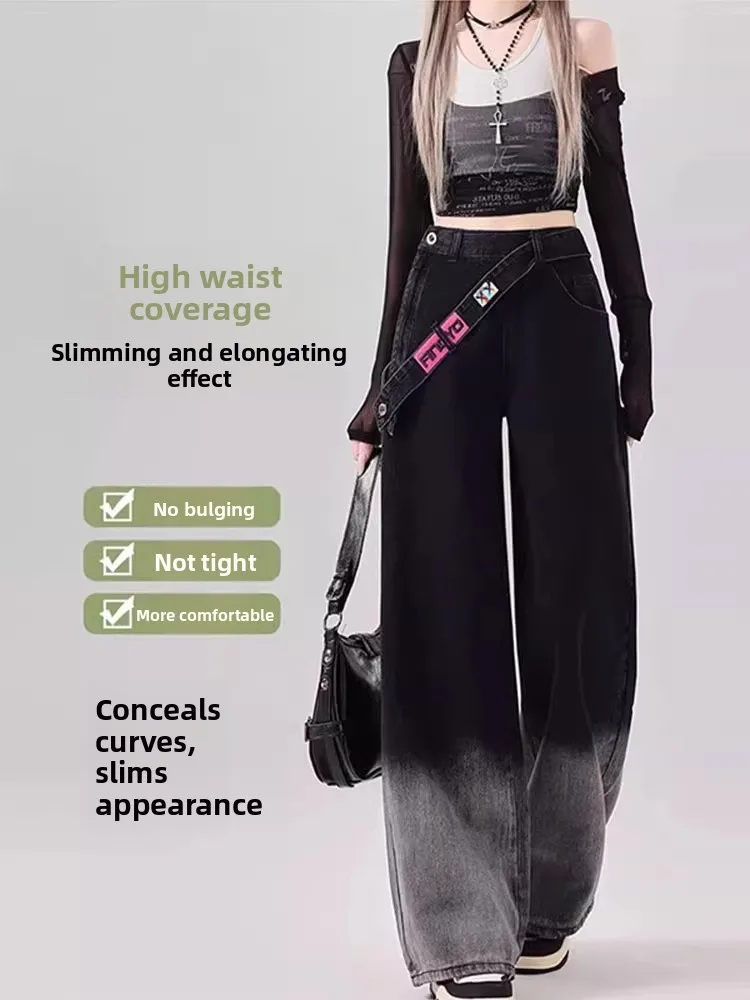 Graduated Grey Black Side Zipper Wide Leg Jeans Women's High Waist Straight Cut Casual Cotton Denim Trousers Autumn Winter