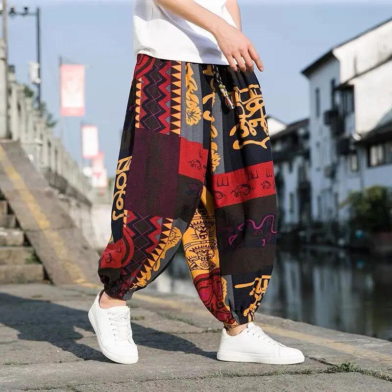 M-5XL Linen Thailand Nepal Men Pants Male Elephant Print Bloomers Beach Travel Patalon Oversize Loose Chic Ins Harem Trousers