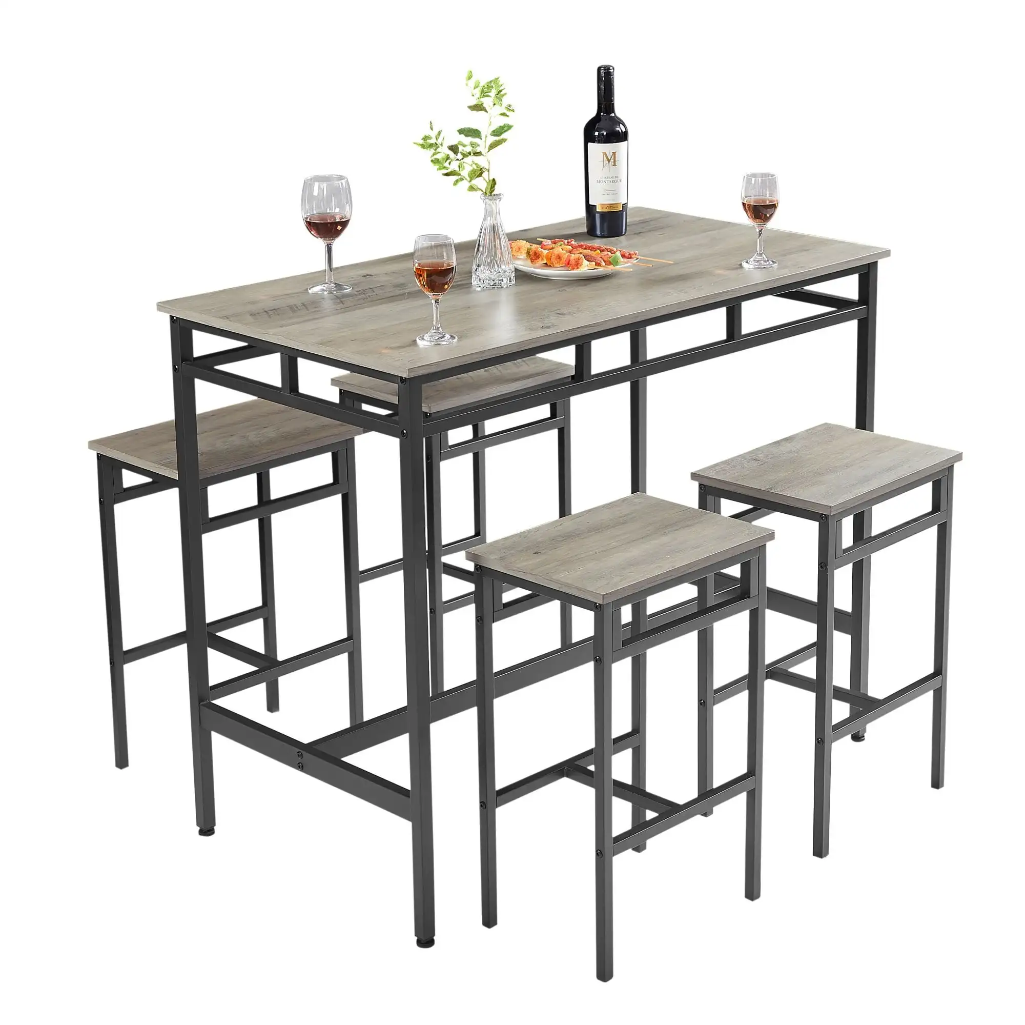 5-Piece Bar Table Set, Industrial Counter Height Pub Table with 4 Stools for Kitchen Restaurant - Gray