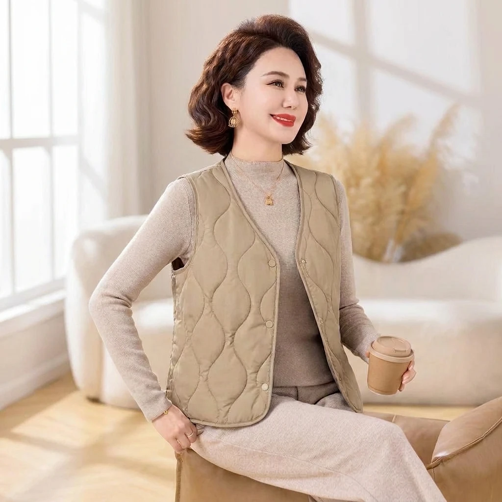 Women's Warm Cotton Vest Lightweight Spring Autumn Outerwear Pure Color No Decoration Mom Style