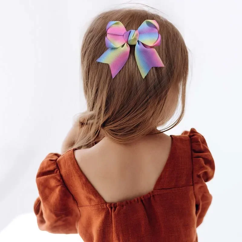 ncmama 2Pcs Gradient Rainbow Hair Clips Cute Ribbon Bow Hairpin for Children Sweet Girl Handmade Barrettes Baby Hair Accessories