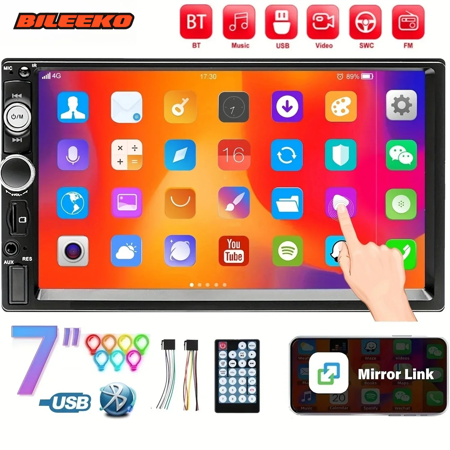 

Bileeko Double Din BT Wireless Car Stereo - 7" Touch Screen MP5 Player, FM Radio with USB/AUX/TF & Phone Mirror Link