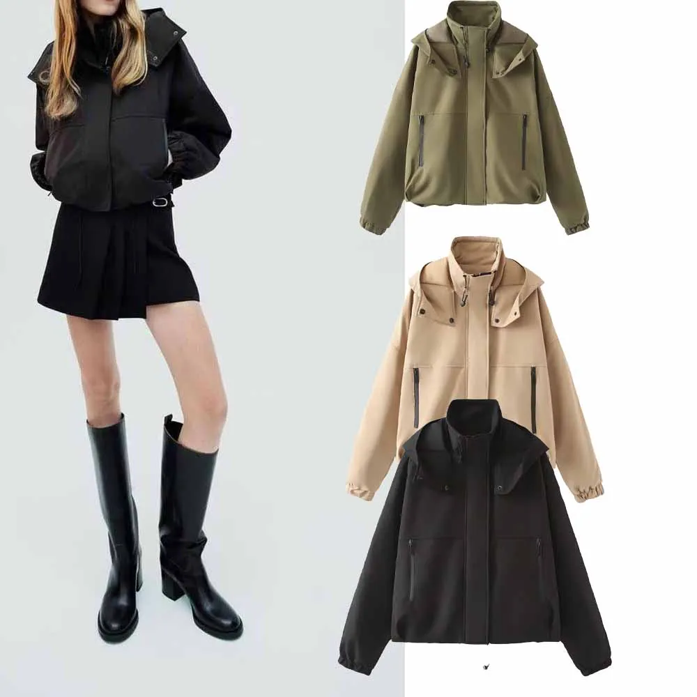 

2024 New European and American versatile stand-up collar hooded jacket short elastic hem multi-color coat