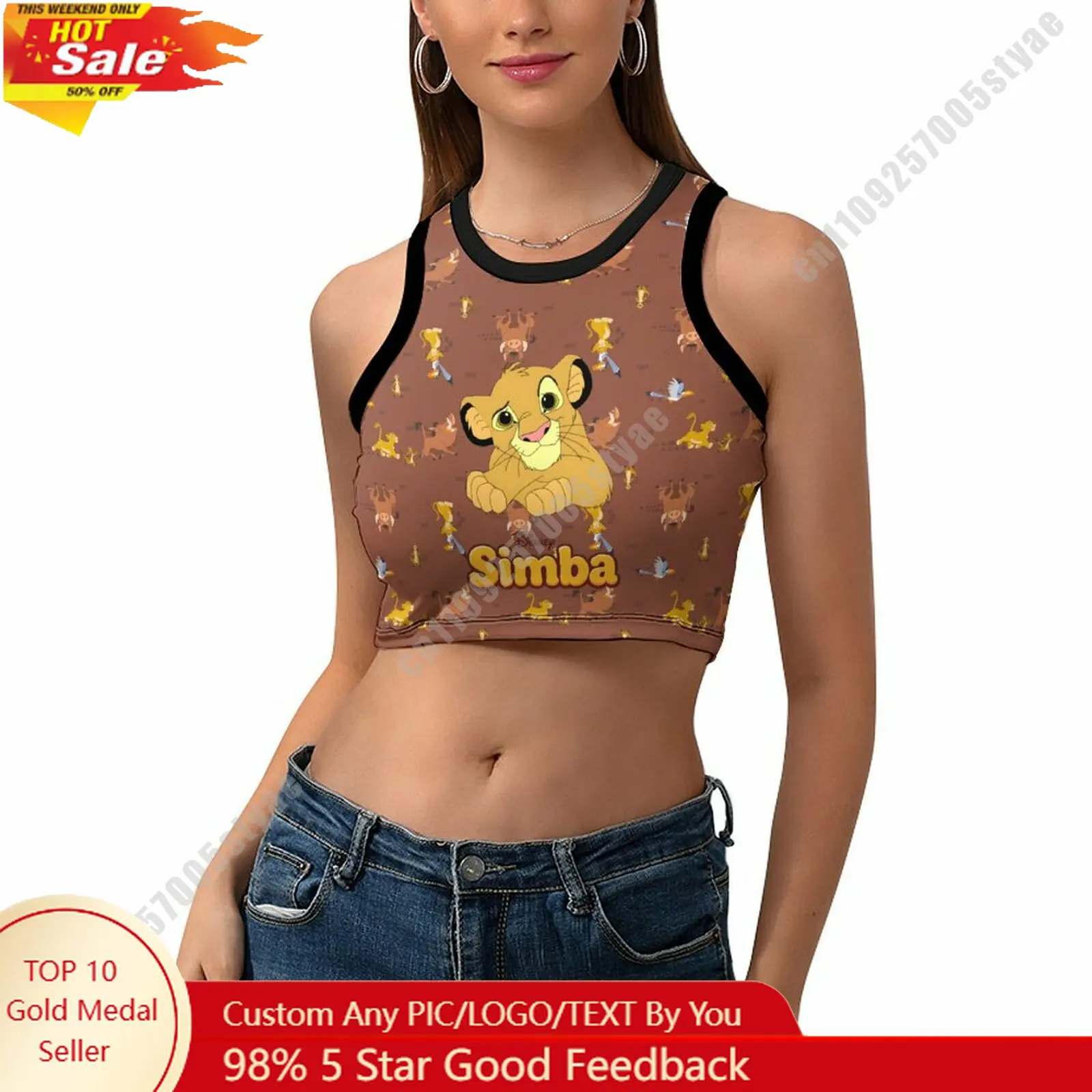 

Simba Vest Disney Pattern Custom Photo Text Crop Tank Racerback Vest Personalized Graphic Sleeveless Crop Top
