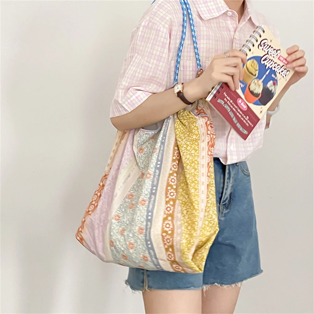 

Summer Colorful Flower Shoulder Bag Retro Bohemian Tote Bags Women Eco Cotton Linen Shopping Bag Portable Casual Travel Handbag