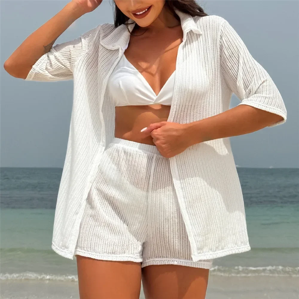 White Mesh Shirts Shorts Swimwear 4 Piece Bikinis Set Beachwear Sexy Swimsuit Women Bathing Suit Triangle Bikini 2024 Mujer