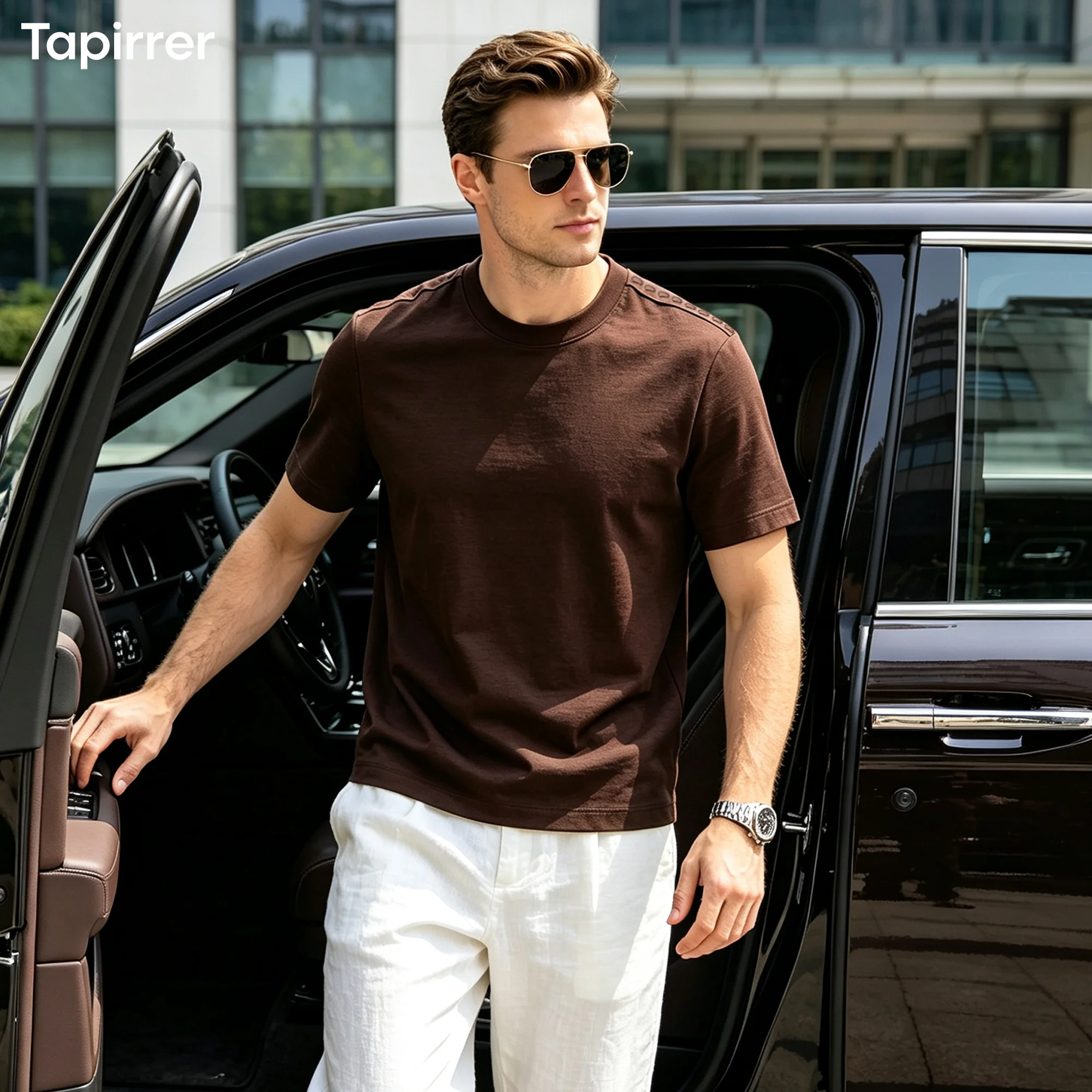 Spring/Summer New Tapirrer Lychee Pattern Leather Stitched Shoulder Decor T-Shirt Men's Modal Fabric