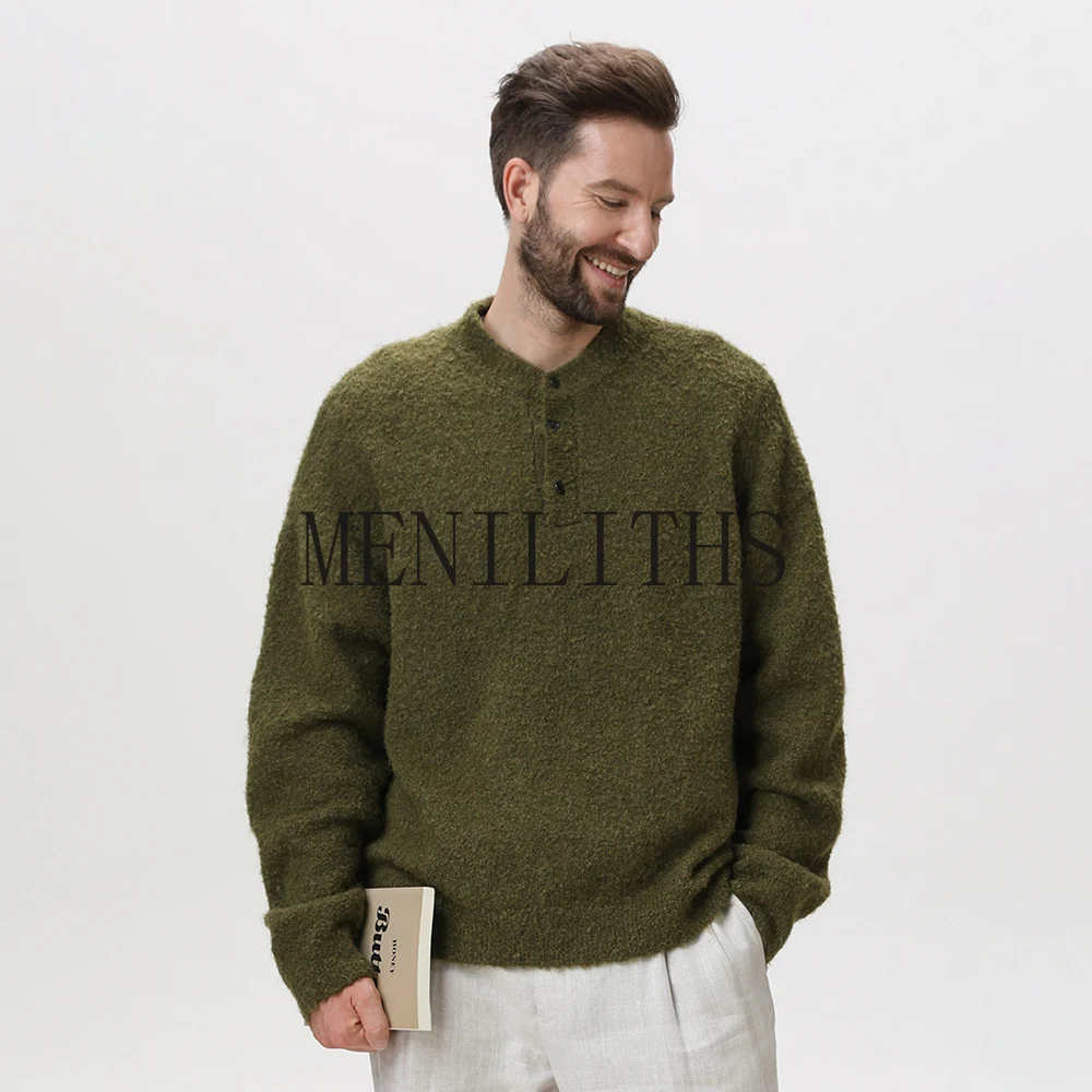 Lazy Old Money Style Sweaters Man Ring-spun Yarn Fabric Henley Collar Loose Fit Elegant Knit Pullovers Men Vintage Sweater