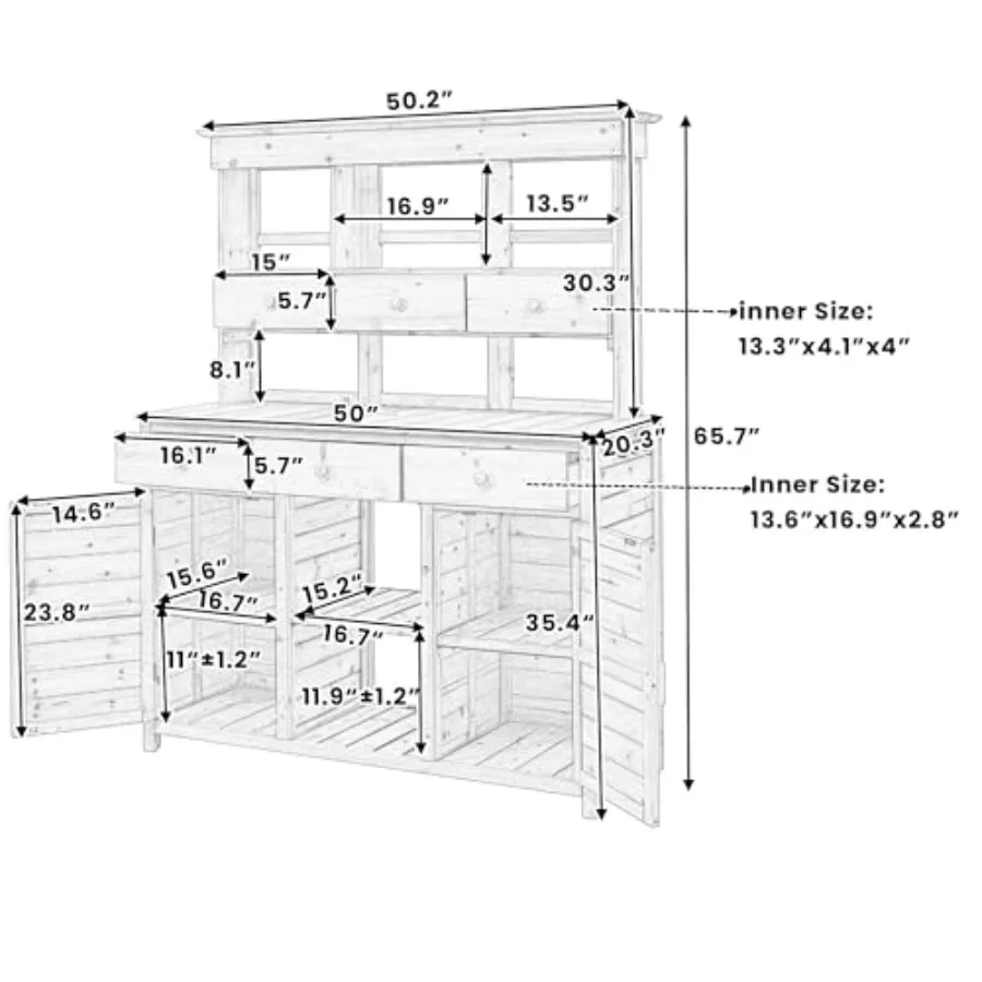 Outdoor Potting Bench Table Potters Benches Garden Workstation, Patio Storage Workstation with 3 Shelves, 6 Drawers, 2 Bottom C