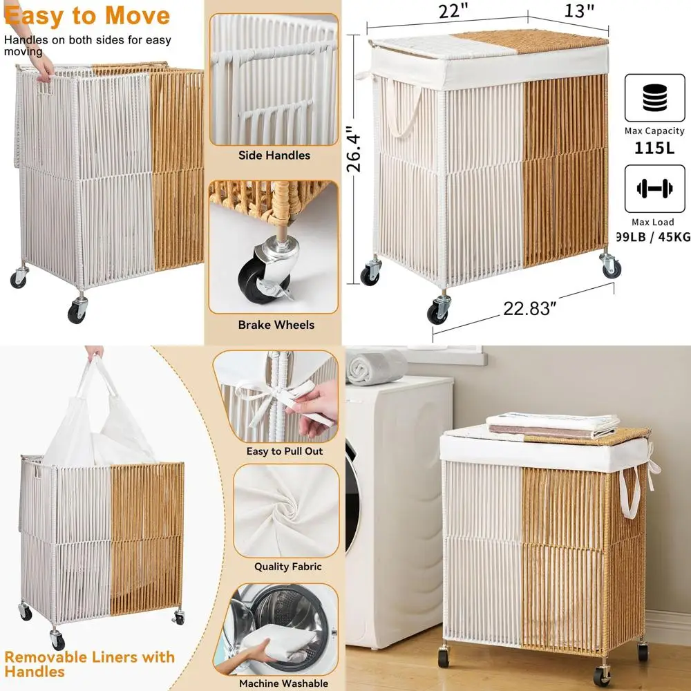 

Rolling Laundry Hamper with Lid, Handwoven Basket, 115L Sorter with Removable Liner, White & Natural