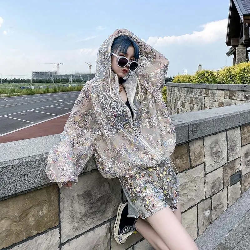 

Fashion Colored Sequins Sun Protective Clothing Women Summer Thin Jackets Streetwear Mesh Hooded Coat Oversize Loose Outerwear