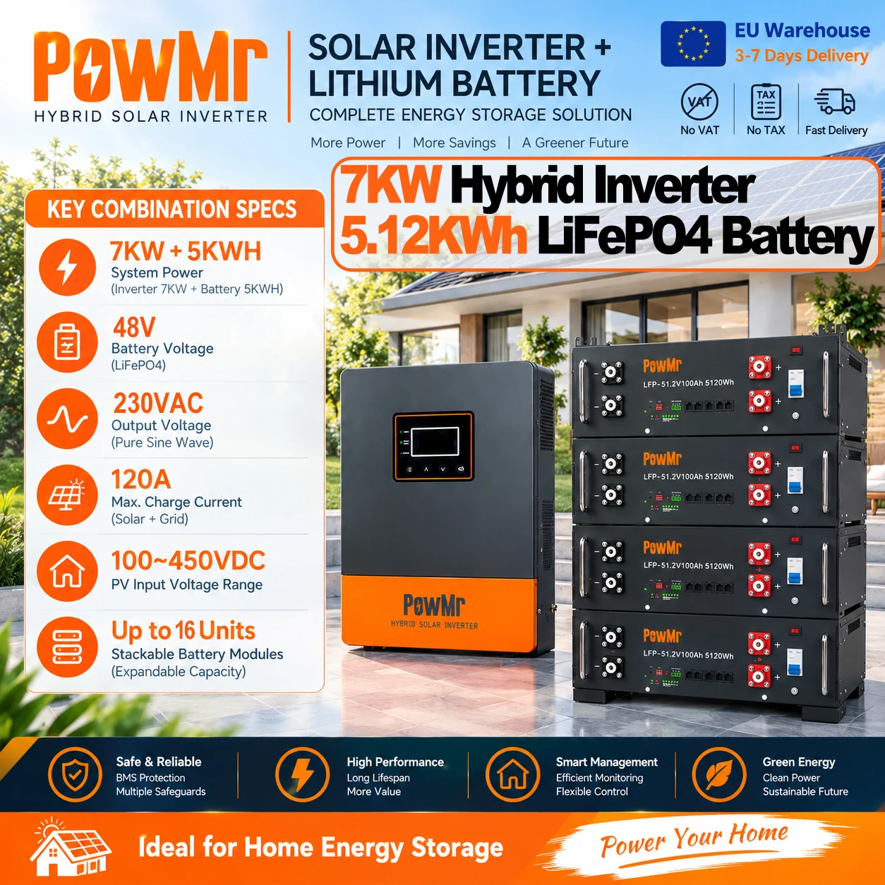 Kit inverter solare ibrido MPPT PowMr 7KW 48V + batteria LiFePO4 impilabile 5,12kWh 48V 100Ah celle Grado A accumulo energetico solare domestico CAN‑BMS onda sinusoidale pura zero‑esportazione