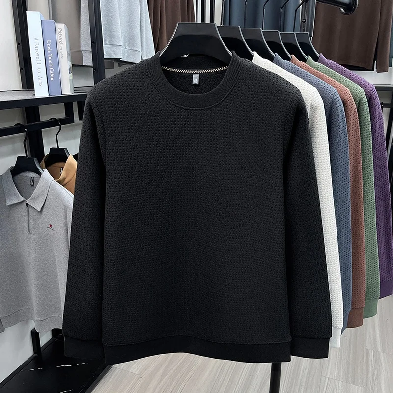 Herren-Sweatshirt mit Rundhalsausschnitt, Waffelstruktur, langen Ärmeln, einfarbig, lockerer Schnitt, lässig, für den täglichen Gebrauch, ein Basic-Oberteil für Herbst und Winter. – Detail 14