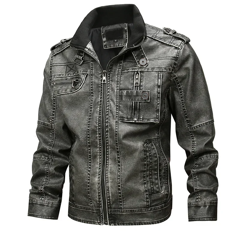 

Pop Men's Leather Clothing For Autumn And Winter. Fashionable Young Men's Stand-collar Distressed Personalized Street Leather Co