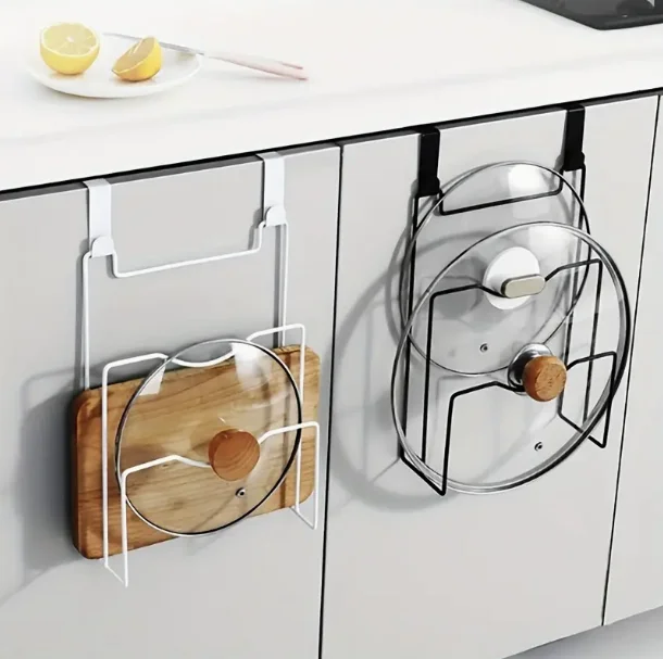 

1Pc Pot Cover Rack Cutting Board Rack Wall Mounted Pot Lid Holder Punch-Free Kitchen White Black Storage Rack Kitchen Supplies