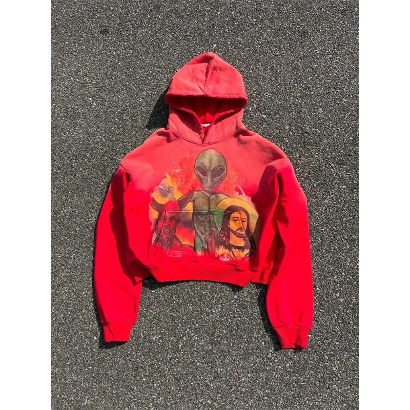 

European and American Style Street Alien Print Hooded Sweatshirts for Men Autumn High Street Gothic Loose Fitting Couple Hoodies