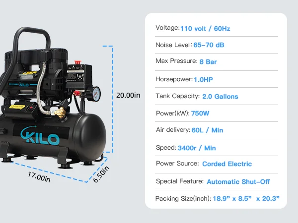 ضاغط هواء خالي من الزيت بسعة 2 جالون 1.0 حصان بحد أقصى 115 رطل لكل بوصة مربعة ضغط 65 ديسيبل فائق الهدوء لإصلاح السيارات طلاء رذاذ تضخم الإطارات